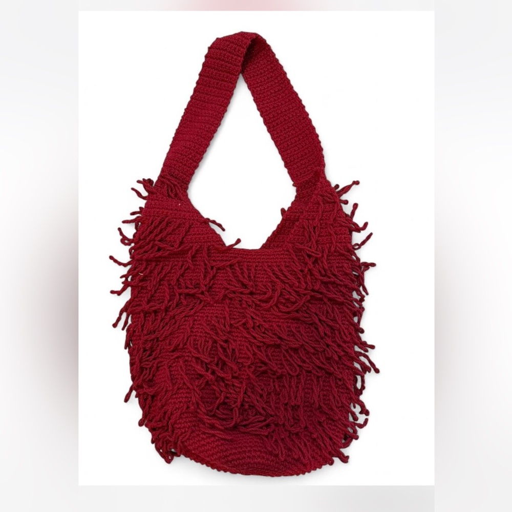Fringed Red Knit Shoulder Bag